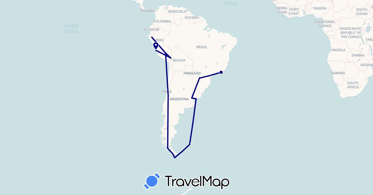 TravelMap itinerary: driving in Argentina, Brazil, Chile, Falkland Islands, Peru, Uruguay (South America)